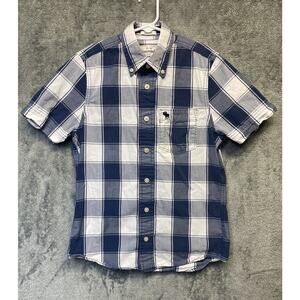 Abercrombie & Fitch Boys Muscle Button Up Kids Size M Plaid Short Sleeve, Blue